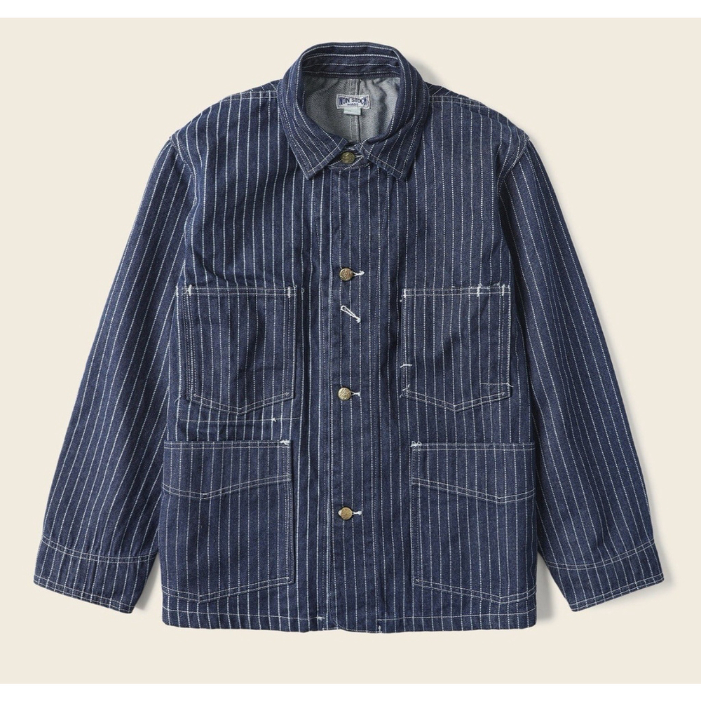 Non Stock Men's Retro Wabash Striped Railroad Denim Coat Chore Worker Jacket S